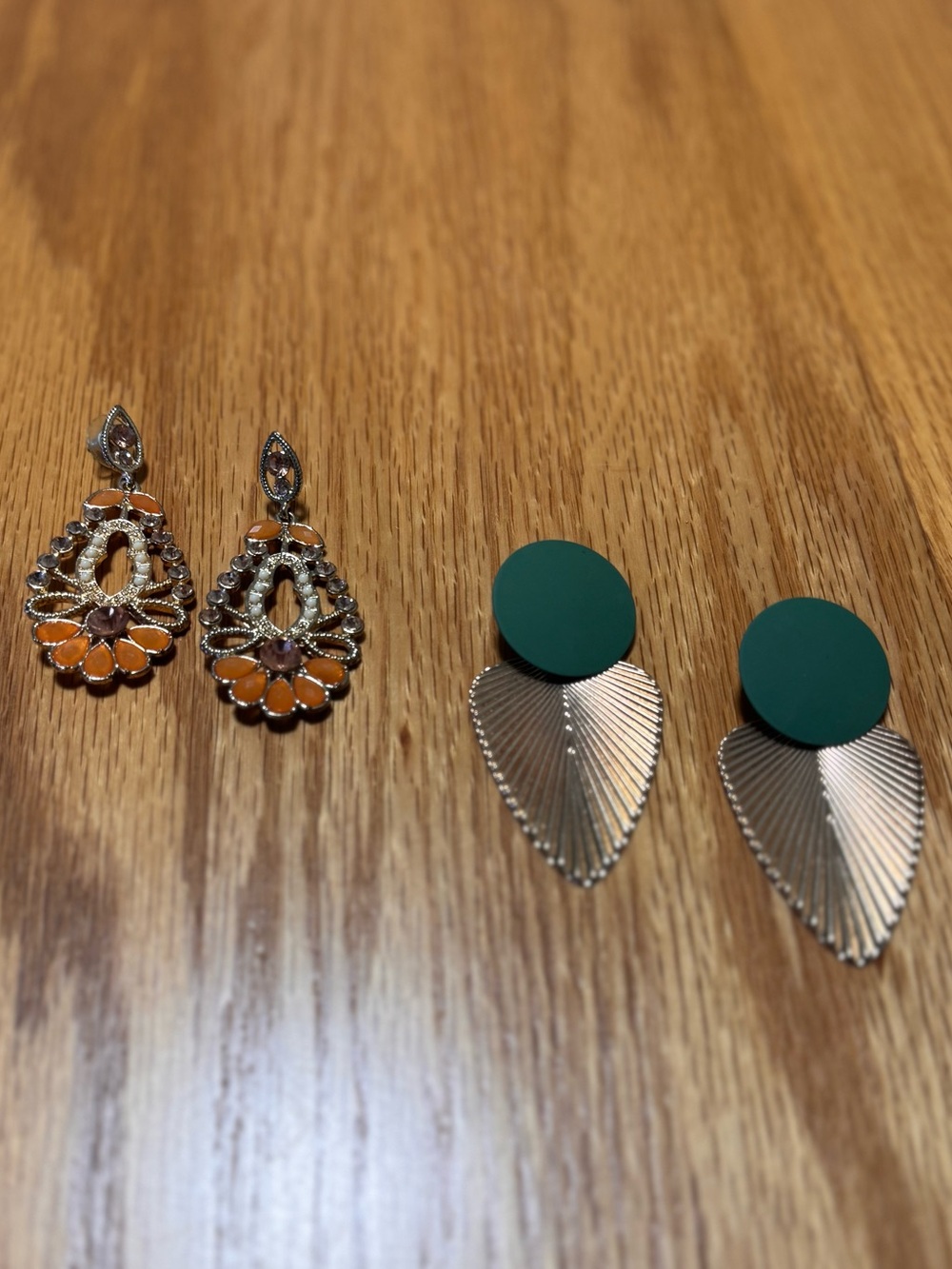 Matte Green Disc and Gold Leaf Drop and Orange and Gold Chandelier Earrings